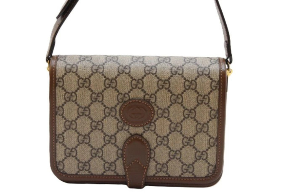 Gucci Interlocking GG Supreme Canvas Leather Shoulder Bag Dark Brown Beige